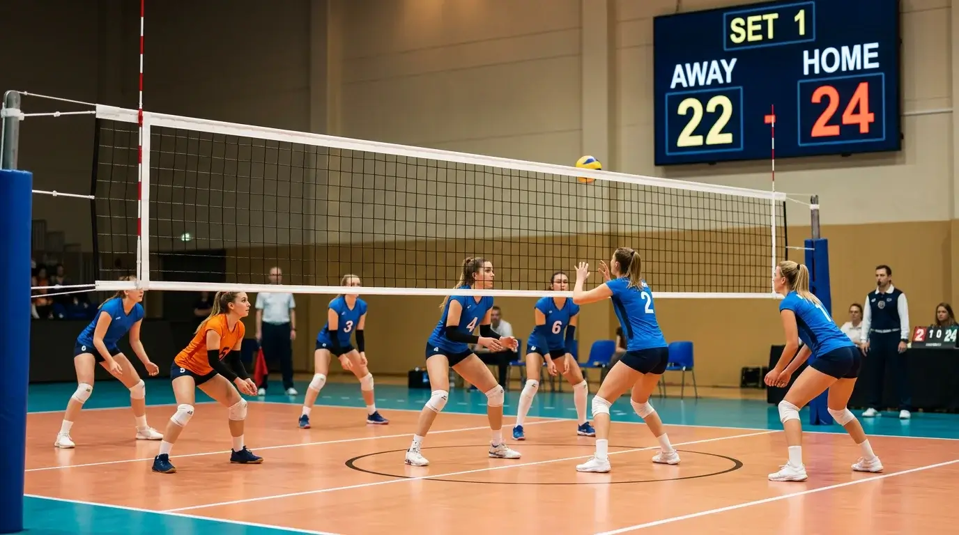 Jogo de voleibol de pavilhão com jogadores em ação junto à rede durante um set decisivo