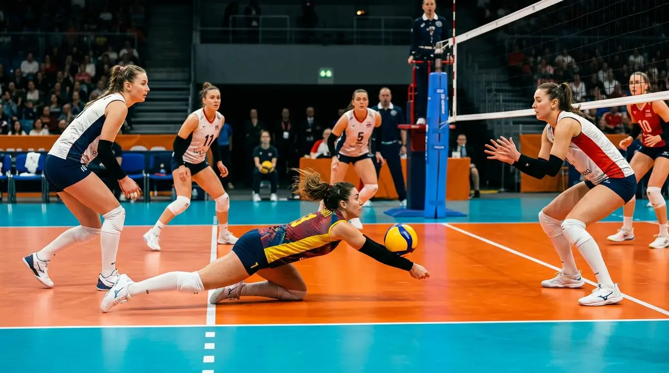 Jogadoras de voleibol feminino em rally longo junto à rede com receção defensiva