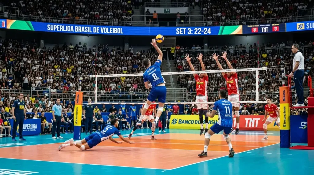 Varios jogadores de voleibol em acao durante um rally numa liga profissional