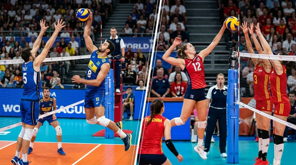 Duas equipas de voleibol em acao mostrando o contraste entre estilos de jogo