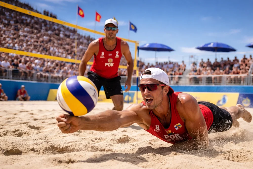 Jogadores de voleibol de praia em acao durante um torneio ao ar livre