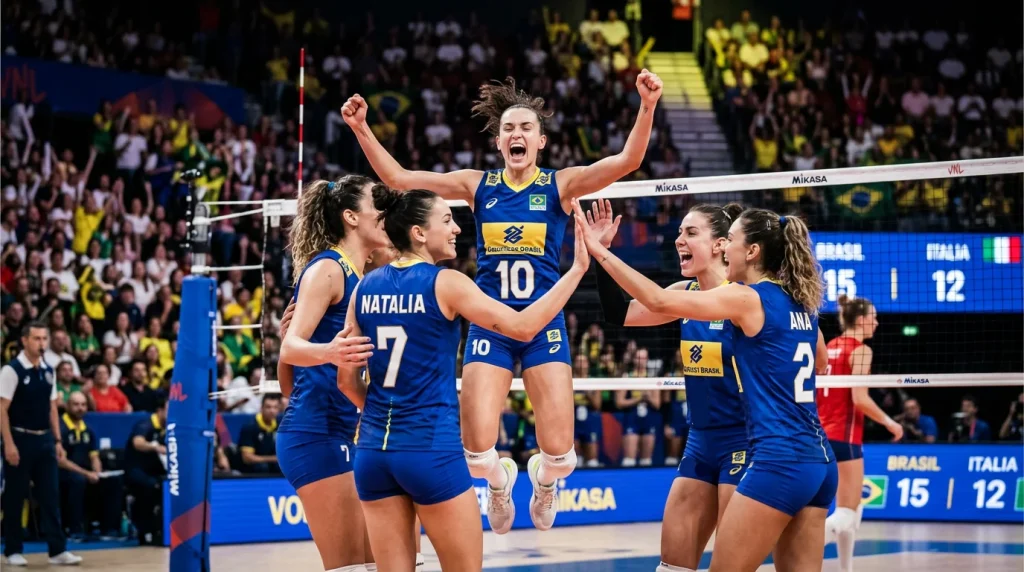 Jogadores de voleibol a celebrar um ponto durante um jogo profissional indoor