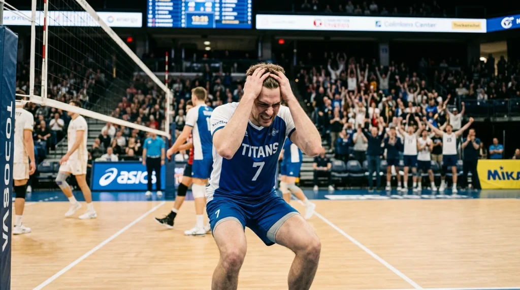 Jogador de voleibol frustrado após um erro durante um jogo profissional