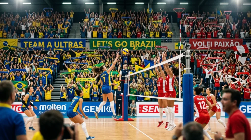 Bancada cheia de adeptos durante um jogo de voleibol num pavilhao