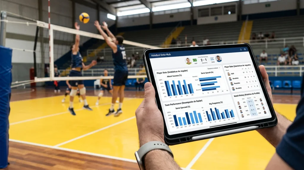 Tablet a exibir estatísticas de voleibol junto a um campo de jogo