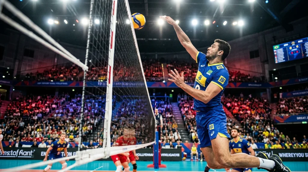 Jogador de voleibol a rematar junto a rede durante um jogo profissional indoor