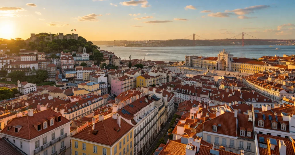 Vista aerea de Lisboa com o Tejo ao fundo representando o mercado portugues