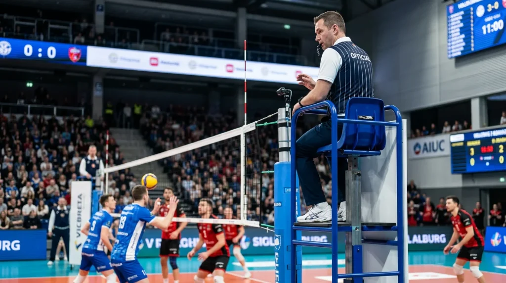 Arbitro de voleibol na cadeira durante um jogo profissional