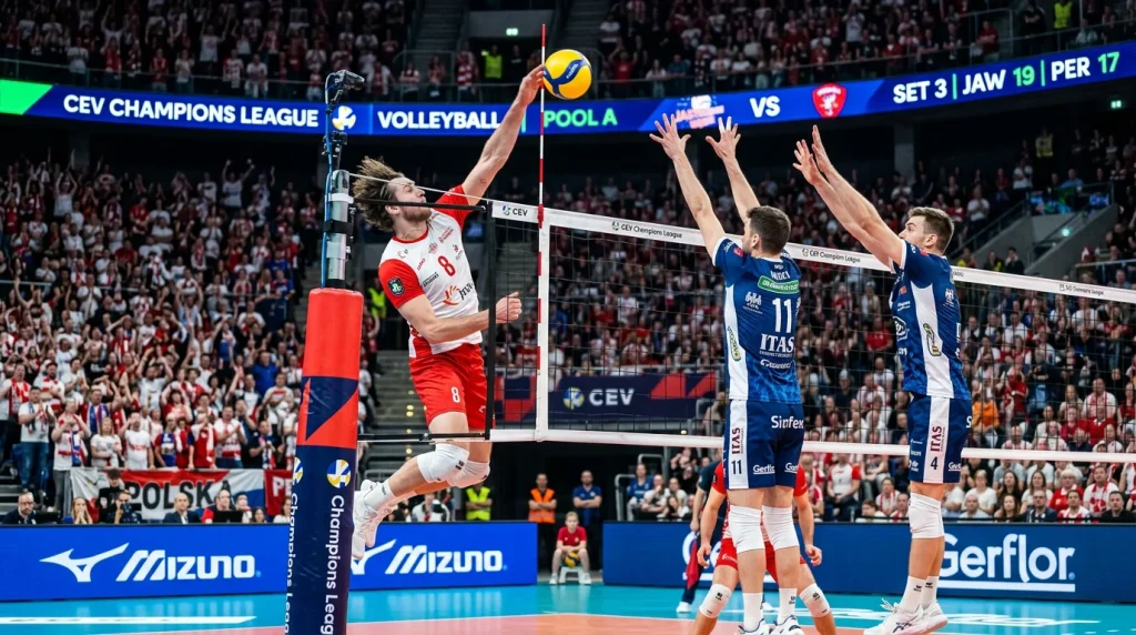 Jogadores de voleibol de diferentes equipas europeias durante um jogo da Champions League