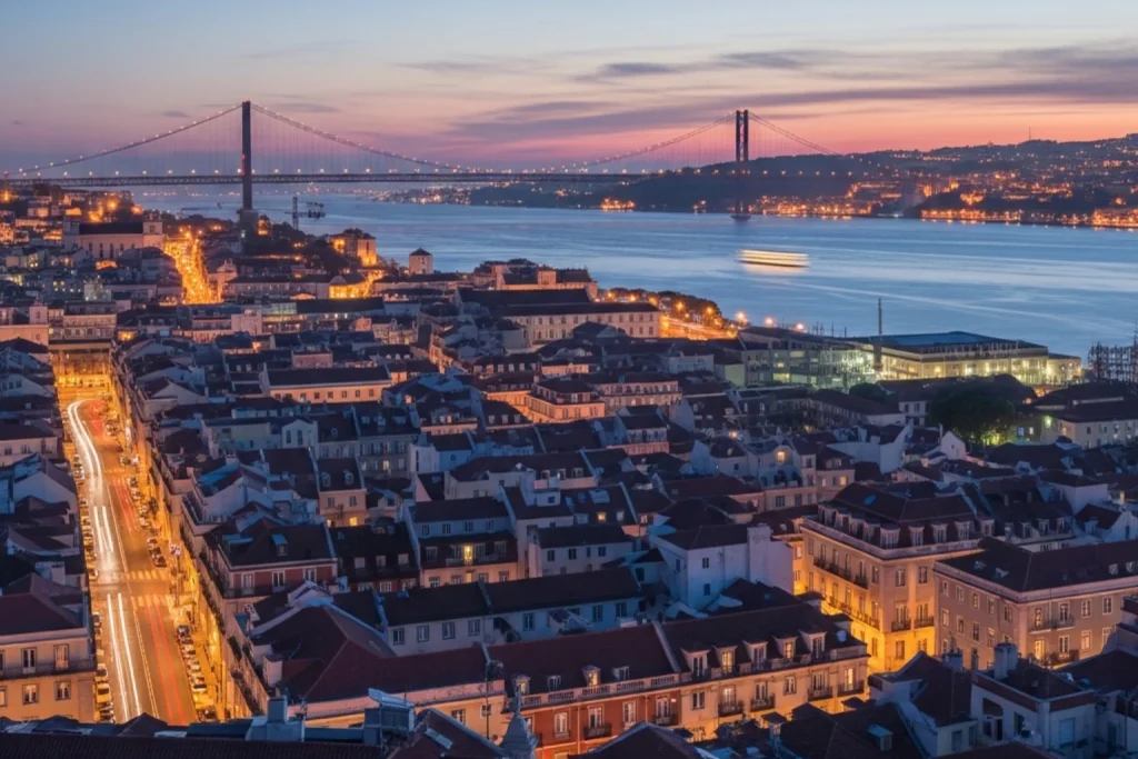 Paisagem urbana de Lisboa ao anoitecer representando o mercado digital portugues