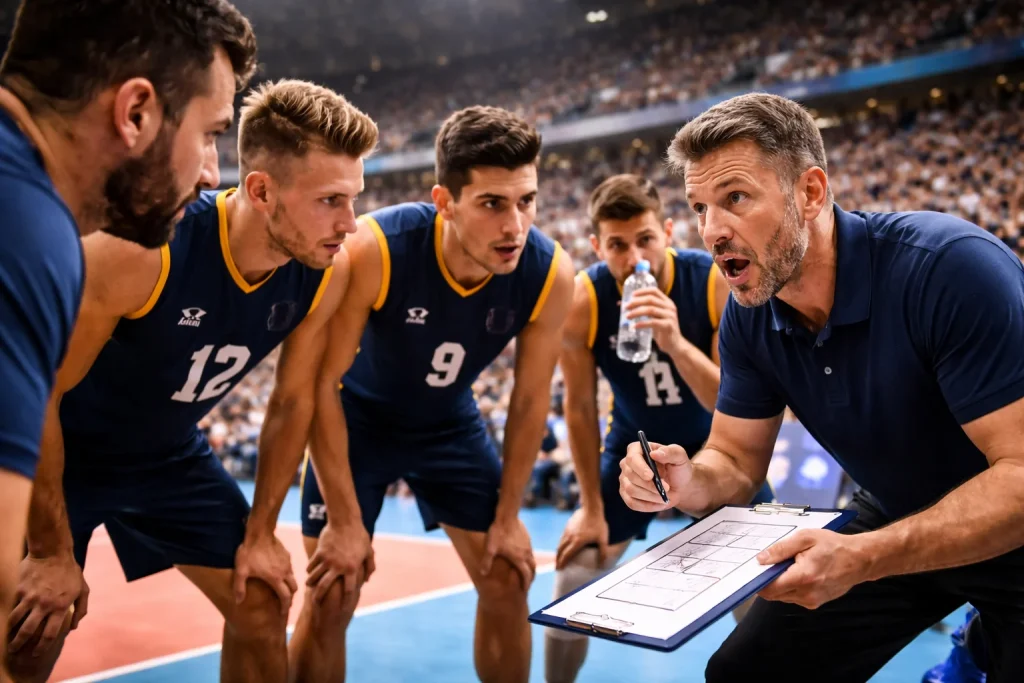Treinador de voleibol a pedir timeout durante um jogo com jogadores reunidos