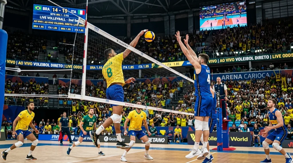 Jogo de voleibol ao vivo com pontuação visivel num pavilhao lotado