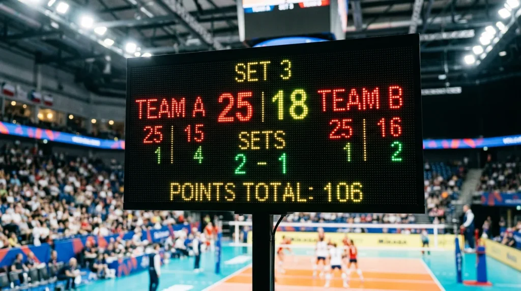 Placar eletronico de voleibol a mostrar a pontuação de um set durante um jogo