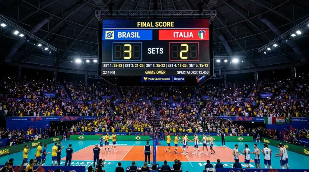 Placar de voleibol a mostrar o resultado final de sets de um jogo