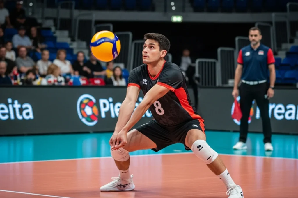 Jogador de voleibol a preparar a rececao durante um jogo profissional